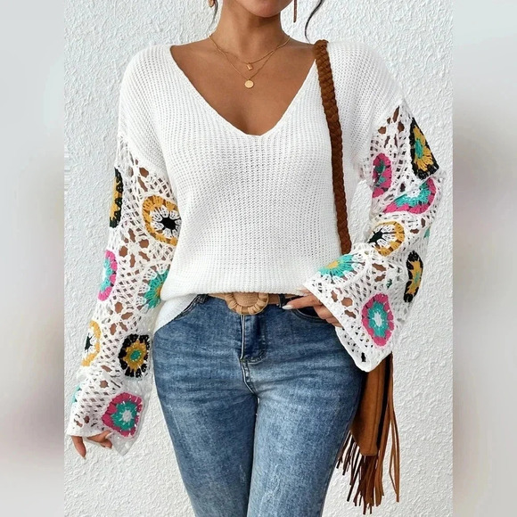 Floral Pattern Drop Shoulder Pointelle Knit Sweater - Picture 5 of 6